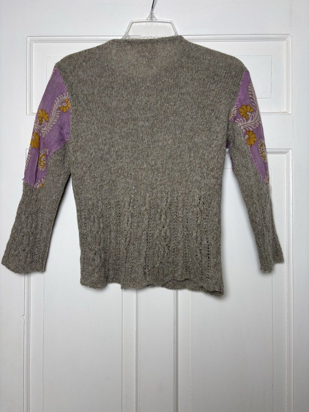 Free People Cardigan Gray Wool Women XS Purple Patches Crochet Lace Button Boho - Picture 6 of 10